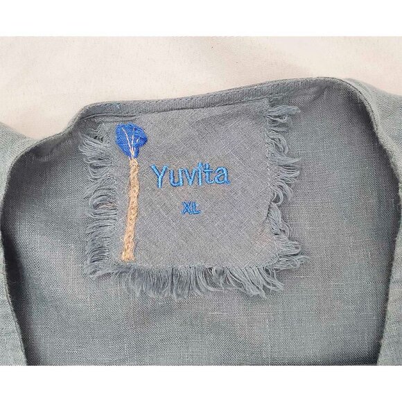 Yuvita Women's 100% Linen Sage Three-Quarter Sleeve Quotidian Top Pullover Shirt - Picture 4 of 11